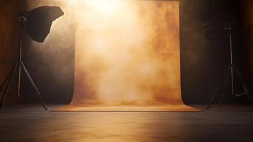 Studio setup with backdrop and lighting equipment, creating a moody atmosphere for photography or videography session. photo