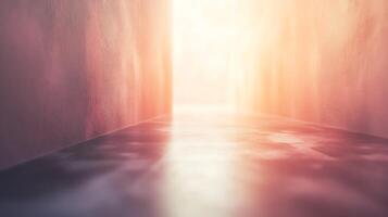 Light at the end of a corridor. The walls are a light pink color and the floor is reflective. The light casts shadows along the hallway. photo