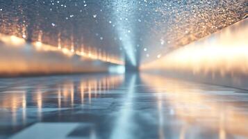 Abstract indoor perspective showcases a light-filled corridor with a gleaming surface reflecting an array of ambient light and diffused illumination. photo