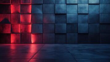 Abstract geometric wall with a blend of red and blue lighting, creating a modern and artistic backdrop. Minimalist design, striking color contrast. photo