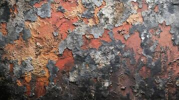 Detailed view of paint peeling from a surface, revealing layers of color and texture, illustrating age and weathering. photo