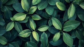 Lush green leaves create a calming, nature-inspired scene. The leaves are a gradient of greens, creating depth and texture in this botanical image. photo