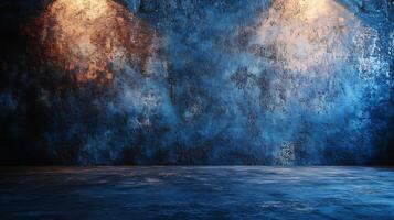 Moody blue wall and floor backdrop with texture and atmospheric lighting creating a dramatic, abstract, and visually interesting setting. photo