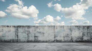 Concrete wall under a bright, cloudy sky. The weathered surface of the wall contrasts with the clear sky and fluffy clouds above. photo