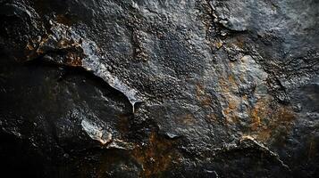 Dramatic, dark stone texture with hints of oxidation. The rough surface and deep shadows create a strong sense of depth and ruggedness. photo