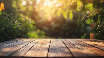 Rustic wooden table against a backdrop of lush greenery, dappled with sunlight filtering through the leaves, creating a serene atmosphere. photo
