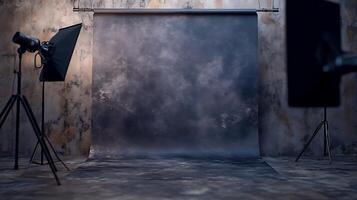 Studio setting with backdrop, professional lighting, and concrete floor for photography or videography, creates an authentic ambiance. photo