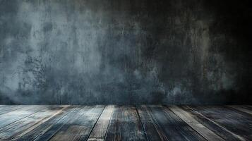 Dark grunge wall with an abstract texture paired with a distressed wooden floor, ideal as a backdrop for product display or photography. photo