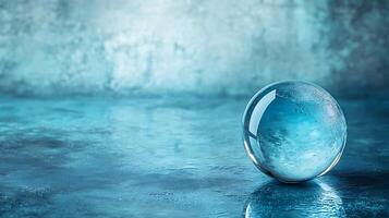 A single crystal clear sphere sits on a reflective surface, bathed in cool blue light against a textured backdrop, creating a serene scene. photo