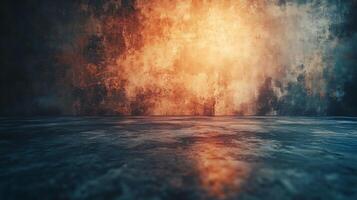 Dramatic scene featuring a weathered wall with an array of colors from dark blues to bright oranges, and a reflective floor area. photo