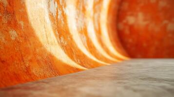 Abstract image with a bright orange curving wall, complemented by a smooth, neutral-toned floor, highlighting texture and light play. photo