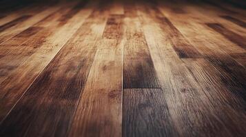 Close-up of varnished wooden floor planks. The warm tone and natural texture create a cozy and inviting atmosphere. photo