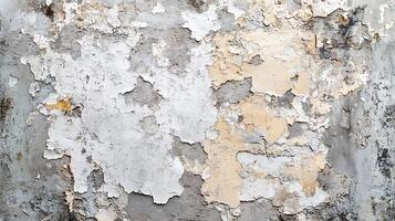 Distressed wall with peeling paint layers showing a history of colors and textures. Ideal for backgrounds and urban decay themed compositions. photo