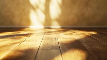 Sunlight dappled on warm wood grain hardwood floor. The play of light and shadows adds depth and texture to the space. photo