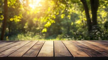 Wooden table with sunlight filtering through trees in a lush, natural outdoor setting. Ideal for product display or nature-themed concepts. photo
