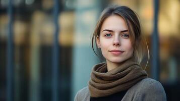 Smiling woman in a knitted scarf. Natural light and a warm outdoor setting enhance her approachable, confident demeanor. photo