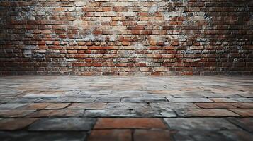 Rustic brick wall with weathered surface texture and stone floor. Dark and moody background. Industrial design or urban aesthetic. photo