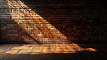 Sunlight streams across a weathered brick wall and hardwood floor, creating a dramatic display of light and shadow. Atmospheric interior. photo