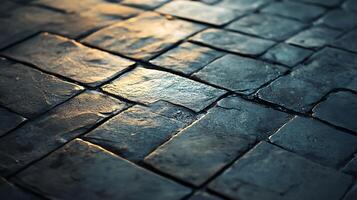 Close-up of stone blocks on the floor, displaying patterns of rectangular shapes and reflecting soft, golden light, emphasizing their texture. photo