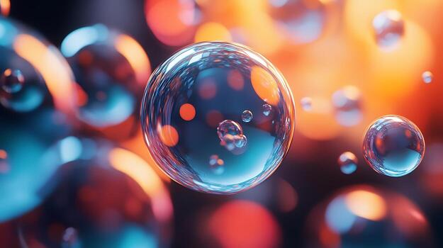Abstract macro shot of vibrant, floating translucent spheres of various sizes, reflecting light and creating a mesmerizing, futuristic atmosphere. photo