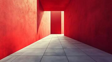 A symmetrical corridor with vibrant red walls and a tiled floor, illuminated by a bright light at the end, creating a striking visual. photo