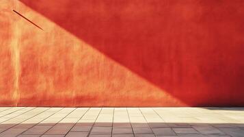 Warm tones and stark shadows draw the eye across a vibrant red wall with tiled flooring, creating an abstract urban scene. photo