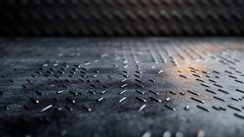 A close-up of textured metal flooring with parallel raised lines shows detail and industrial design. Focus is on the floor surface. photo
