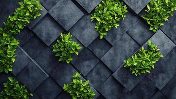 Green plants punctuate a geometric, textured wall, contrasting nature with abstract architectural design. photo