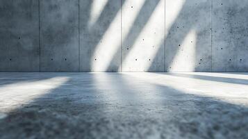 Concrete room interior with natural light. Empty space with hard shadows on a rough, textured gray wall. Modern architectural backdrop. photo