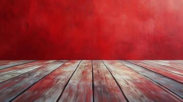 Textured red wall background with a worn wood floor, providing a rustic and dynamic visual element. Great backdrop for various purposes. photo
