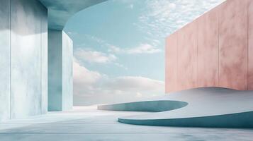 Abstract architectural space with concrete forms, minimal aesthetic, and a serene sky backdrop evokes calm and modernity. photo