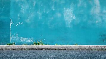 A textured aqua wall meets asphalt and a concrete curb, creating a simple urban scene with natural elements peeking through. photo