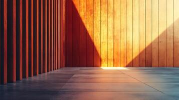 Architectural interior featuring wood panels, concrete floor, and sunlight creating dynamic shadows and a warm, inviting atmosphere. photo