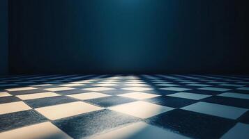 Illuminated checkered floor with a gradient wall. Perspective view of geometric pattern. Light and shadow play enhances depth and visual interest. photo