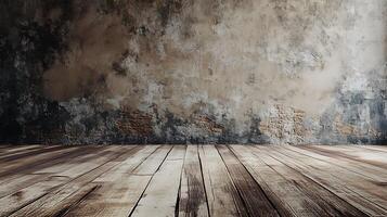Rustic interior showcasing a textured wall with exposed brick elements and a polished wooden floor, ideal for background use. photo