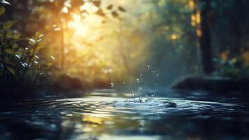 Captivating water scene in nature with sparkling droplets and sunlight filtering through trees, creating a sense of peace and tranquility. photo