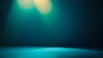 Dramatic stage lighting highlights an empty, turquoise-toned platform, creating a mysterious and atmospheric backdrop with a spotlight effect. photo