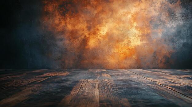 Rustic display features a textured wall with warm highlights and a weathered wooden floor, creating a vintage and atmospheric backdrop. photo