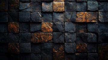 A textured wall of dark, stone-like cubes with varying shades of brown, creating an abstract architectural element and natural design. photo