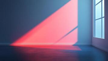 An empty room basks in the early morning sunlight, a beam of vibrant light illuminating the wall and floor with a warm glow. photo