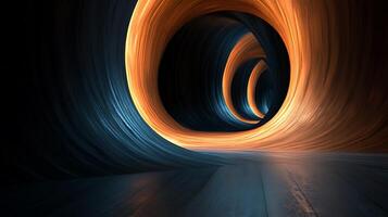Abstract illuminated tunnel with circular structure and smooth walls. The light reflects on the floor, creating a sense of depth. photo