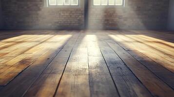 Sunlight streams through windows, illuminating the rich wood flooring of a vintage interior, creating a warm, inviting atmosphere. photo