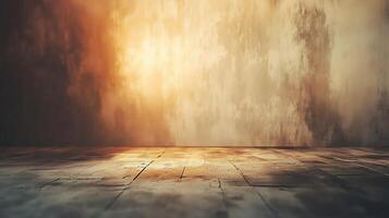 Abstract presentation of a weathered wooden floor, illuminated by ethereal light, against a textured, cloud-like backdrop. photo