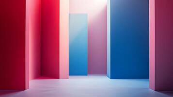 Abstract architectural composition featuring blue and red rectangular forms creating a minimalist, modern spatial arrangement and a quiet, contemplative aesthetic. photo