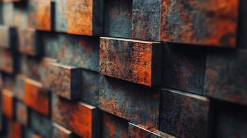 Abstract wall with a textured pattern of dark gray rectangles, some with rusty orange accents. Depth of field with some parts blurred. photo