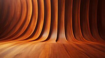 A striking display of curved wooden panels creates a captivating abstract backdrop, perfect for showcasing products or adding visual intrigue. photo
