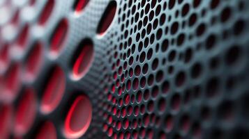 Metal grid pattern with red circles. Circular perforations in a sheet, backlit in red. Abstract, textured metal surface. photo