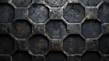 Textured industrial panel. Octagon modules connected with square elements. Corroded metal surface, grunge design and dark weathered appearance. photo