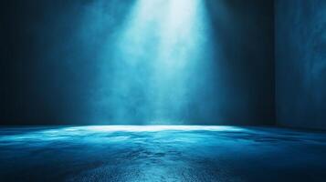 A dramatic scene unfolds under a strong, directional light in an otherwise dark, empty room, filled with atmospheric haze. The stark contrast is striking. photo