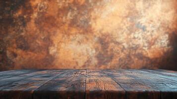 Rustic wood table surface against a mottled, textured backdrop in warm tones. Use it for product displays or as a visual texture. photo